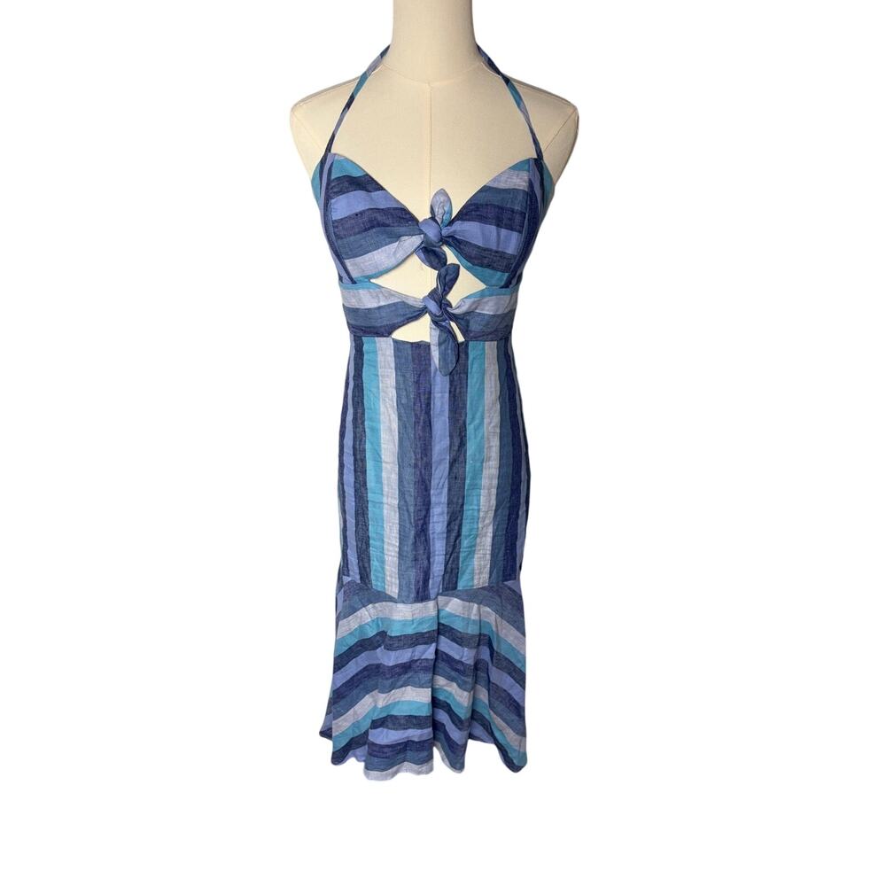 Revolve Karina Grimaldi Blue Linen Midi Halter Dress Sz S boho Coastal Resort